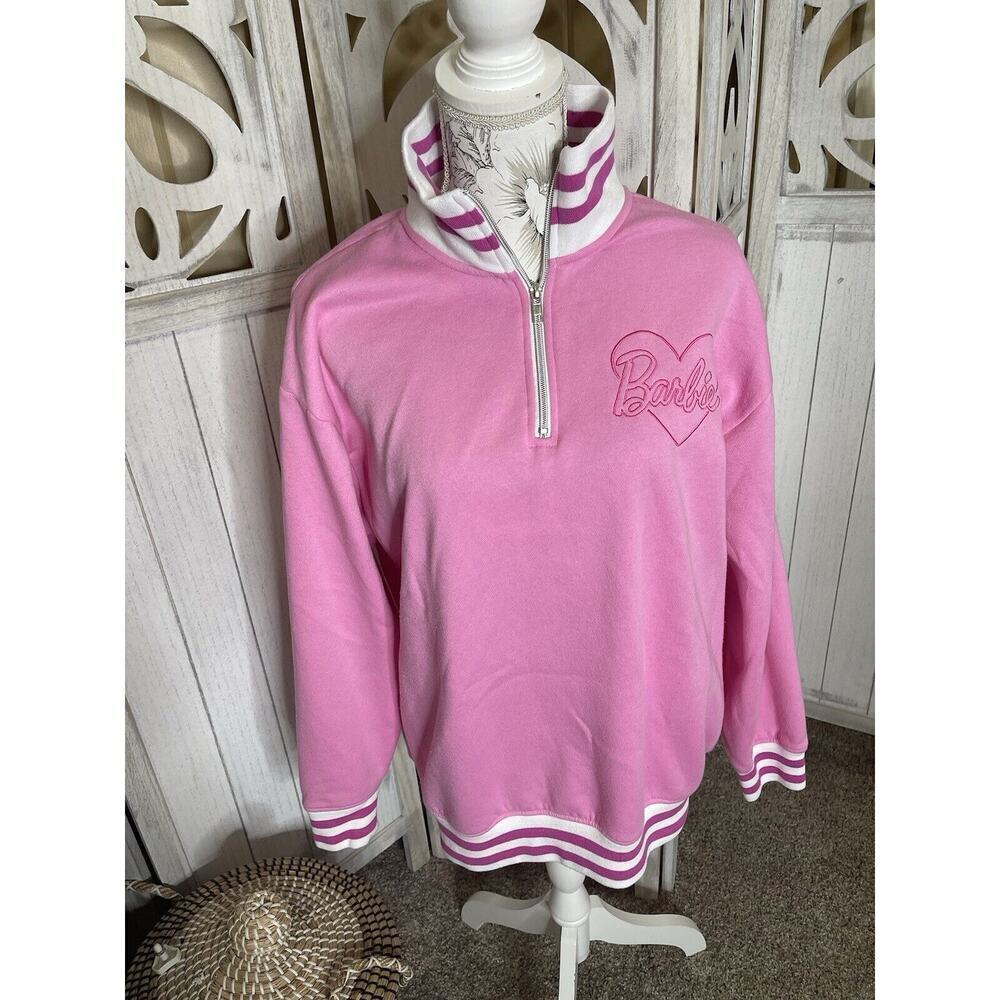BARBIE Women's Pink White 1/4 Zip Pullover Sweatshirt Top Sweater Size XL